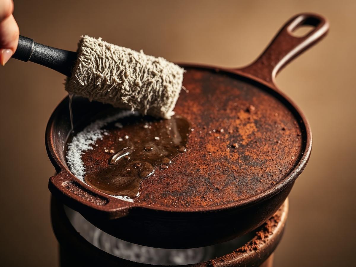 Panela de ferro fundido enferrujada sendo esfregada durante a restauração